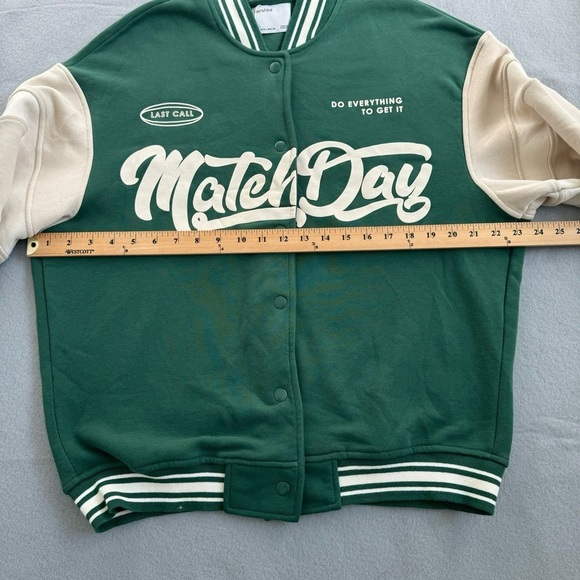 Bershka Match Day Varsity Jacket. Green, cream and White. Size L - Picture 12 of 14